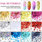 48 Pieces 3D Holographic Nail Dry Flowers, 12 Colors Butterfly Nail Glitter Sequins, 12 Colors Foil Nail Flake with Tweezers for Manicure Face Body Decoration DIY Crafting (3 Boxes)