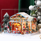 DIY Miniature Dollhouse Kit Wooden Doll House with Furniture Set Toy Model House with Dust Proof Cover and Music Box Santa Claus and Elk Cabin Handcrafts Gift Kids Teens Adults