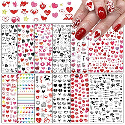 LoveOurHome 12 Sheet Valentine Nail Stickers Decals Heart Letter Flower Nails Art Sticker Black Red Fingernails Tattoo Wrap Manicure Decorations