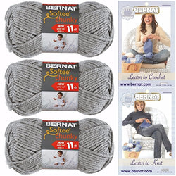 Bernat Softee Chunky Yarn, Super Bulky #6, 3 Skeins Grey Heather 28046 Bundle