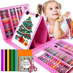 Deluxe Art Set and Crafts Supplies for Kids, 208 Pcs Drawing Kits Art Box with Origami Paper, Coloring Book, Safety Scissors, Crayons, Oil Pastels, Markers, Best Gift for Kids (Pink)