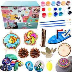 Avrsol Rock Painting Kit - DIY Kids Wood Arts & Craft Toys w/River Stones, Acrylic Paints, Pine Cones, Wood Slices, Sailboat, Wood Spinning Tops, Twigs, Egg, Easel, Leaves