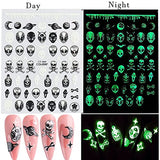 Halloween Nail Art Decals Stickers Glow in Dark Halloween Nail Accessories White Black Luminous 3D Adhesive Slider Skull, Bat, Spider Web, Alien Manicure Decal Decorations 6 Sheets