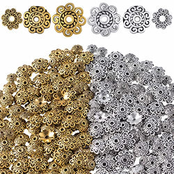PAGOW 240pcs 8mm/10mm/12mm Spacer Beads Flower Bead Caps Jewelry DIY Findings for Necklace Bracelet Making(Antique Gold,Silver)