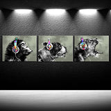 iKNOW FOTO 3 Piece Modern Gorilla Monkey Music Canvas Art Wall Painting Abstract Animal Happy Dog and Leopard Decor Artwork Picture Home Decoration 12x16inchx3pcs