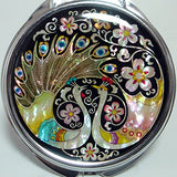 Mother of Pearl Peacock Pair and Flower Design Double Compact Magnifying Purse Mirror, 3.2 Ounce