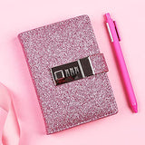 Mini Shiny Leather Combination Journal with Lock, Small Pocket Travel Locked Diary Notebook Writing Journal for Women, Men, Boys, Girls (Pink)