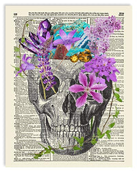 Skull With Flowers and Crystals Upcycled Vintage Dictionary Art Print 8x10