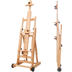 MEEDEN Versatile Studio H-Frame Easel - All Media Adjustable Beech Wood Studio Easel, Painting Floor Easel Stand, Movable and Tilting Flat Available, Holds Canvas Art up to 77"