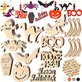 60 Pieces Halloween Wooden Slices and 30 Pieces Wooden Beads Blank Hanging Tags Unfinished Halloween Wood Cutouts Crafts Wood Ornaments with 60 Pieces Twine Ropes for Halloween Home Party Decors