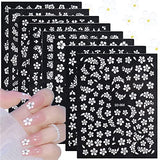 White Flowers Nail Art Stickers, 8 Sheets Floral Nail Decals 3D Self Adhesive Nail Art Supplies White Cherry Blossom Five Petal Flower Nail Art Sliders Tips for Women Summer Nail Art Decorations