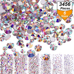 Bememo 3456 Pieces Nail Crystals AB Nail Art Rhinestones Round Beads Flatback Glass Charms Gems