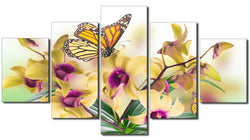 DZL Art H01539 Canvas Print for Home Decoration,Framed,Stretched - 40" W x 20" H by 5 Panels Butterfly Orchid Painting Wall Art Picture