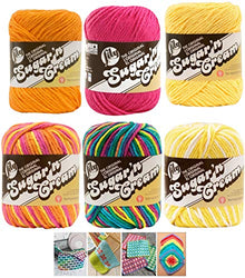 Spinrite Variety Assortment Lily Sugar'n Cream Yarn 100 Percent Cotton Solids and Ombres (6-Pack) Medium Number 4 Worsted Bundle with 4 Patterns (Asst 35)