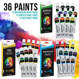 U.S. Art Supply 122 Piece Wood Box Easel Painting Set - Oil, Acrylic, Watercolor Paint Colors and Painting Brushes, Oil Artist Pastels, Pencils - Watercolor, Sketch Paper Pads - Canvas, Palette Knives