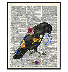 Floral Black Raven Wall Art - Gothic Crow Home Decor - Gift for Edgar Allan Poe, Goth Fans, Women - Cool Medieval Decor Picture Print for Bedroom, Living Room