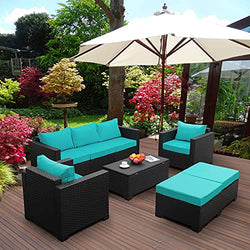 Patio Wicker Furniture Set 6 Pieces Outdoor PE Rattan Conversation Couch Sectional Chair Sofa Set with Turquoise Cushion