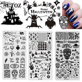 Halloween Nail Art Stamping Plates - 5PCS Halloween Nail Stamp Plate Templates Pumpkin Grimace Skull Eye Nail Stamper Kit Halloween Holiday Party Manicure Stencils Design Tool