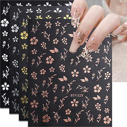 Flower Nail Art Stickers, Cherry Blossoms Nail Decals 3D Self-Adhesive Rose Gold White Sliver Gold Cherry Blossom Spring Nail Design Manicure Tips Nail Decoration for Women Girls Kids(4Sheets)
