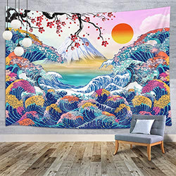 MERCHR Ocean Wave Tapestry, Japan Decor Colorful Wave Mount Fuji Cherry Blossom Wall Hanging, Aesthetic Asian Anime Landscape Wall Art Small Tapestry for Bedroom Living Room Home Decor 60X40 Inches