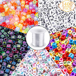 1400pcs 5 Color Acrylic Alphabet A-Z Cube Beads with 1 Roll 50M Elastic Crystal String Cord for