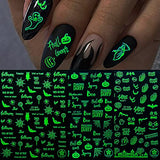 Halloween Nail Art Stickers, Luminous Nail Art Design Holographic 3D Self-Adhesive Nail Decals, Day of The Dead Skull Witch Pumpkin Ghost Gross Eye Spider Nails Sticker for Women Girls Kids(8 Sheets)