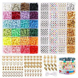 Quefe 7300pcs Clay Beads Bracelet Making Kit, 24 Colors 6mm Flat Polymer Beads Heishi Beads and Letter Beads Spacer with Pendant Charms and Elastic Strings for Bracelets Necklace Jewelry Making