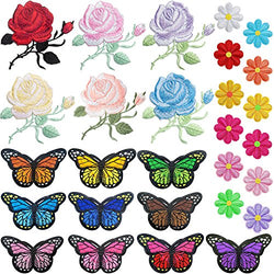 PGMJ 40pcs Embroidery Applique Patches Rose Flowers Butterfly Sunflowers Iron On Patches For