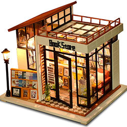 Dollhouse Miniature with Furniture, DIY Wooden Doll House Kit American-Style Plus Dust Cover and Music Movement, 1:24 Scale Creative Room Idea Best Gift for Children Friend Lover (Book Store)