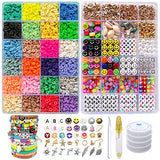 7220 Pcs Polymer Clay Beads Bracelets Making Kit, 24 Colors 6000 Pcs Flat Heishi Beads with Pendant Charms Complete Alphabet Smiley Face Beads Elastic Strings for Jewelry Making Set Necklace DIY Gift