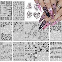EBANKU 12 Sheets Black White Nail Art Sticker, Leaves Retro Flower Vine Pattern Decals French Classic Simple Self Adhesive Decals, for Girl Women Nails Art DIY Decoration