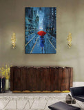 Ardemy Canvas Wall Art Modern Blue New York Cityscape Painting Picture, Lady with Red Umbrella Street Scenery One Panel Framed for Living Room Bedroom Home Office Decoration, Original Design, 40"x30"