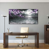 Large Purple Wall Art Decor for Living Room Bedroom Framed Black and White Seascape Full Moon Purple Flower Painting Canvas Picture Modern Hand-Painted Plum Blossom Artwork for Home Office 24x48