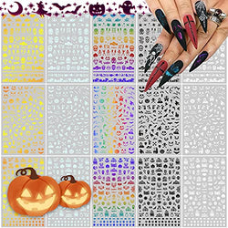 15 Sheets Halloween Nail Art Stickers Decals EBANKU 3D Laser Self-Adhesive Pumpkin Witch Skeleton Nail Decals Halloween Gold and Silver Colorful DIY Nail Decoration Designs