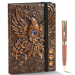 Leather Writing Journal Vintage Notebook with Pen, Embossed Phoenix Daily Notepad Diary with Lined Page, Cool Journal Gift for Women Men to Write in,200pages 8.3 x 5.8in (A5 RedBronze)