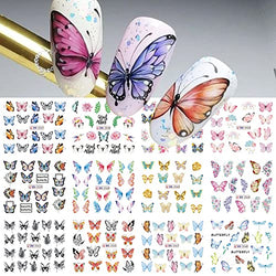 Butterfly Nail Art Stickers Summer Nail Decals for Nail Art Holographic Spring Water Transfer Sliders Stickers Colorful Blossom French Nail Tip for Women Girls Manicure for Nail Art Foils Nail Supplies Decorations 12 Sheet