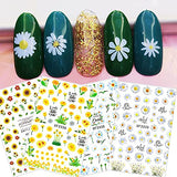 Flower Nail Stickers, Sunflower Nail Decals 3D Self-Adhesive Daisy Rose Leaf Cherry Blossoms Flowers Nail Art Supplies Manicure Nail Decoration(8 Sheets)