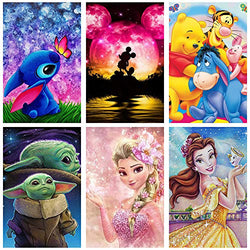 6 Pack DIY 5D Diamond Painting Kits for Adults,Round Full Drill Cartoon Crystal Rhinestone Embroidery Cross Stitch Picture Supplies Arts Craft for Home Wall Decor (12x16inch)