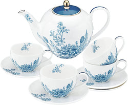 Taimei Teatime Porcelain Tea Set, 37oz Large Teapot with Infuser and Tea Cups and Saucers Set in European Style with Floral Pattern, Tea Set Gift for Holidays，Blue and White Teapot Set for Adults