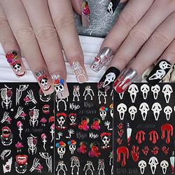 3 Sheets Halloween Nail Art Stickers 5D Stereoscopic Embossed DIY Nail Art Decals Halloween Classic Design Blood Skull Skeleton Ghost Blood Palm Print for Women Girls Nail Decorations