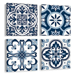 ArtbyHannah Navy Blue Decor Canvas Wall Art for Bedroom with Vintage Flowers Pattern Wood Framed, 12x12'', 4 Pieces, Ready to Hang