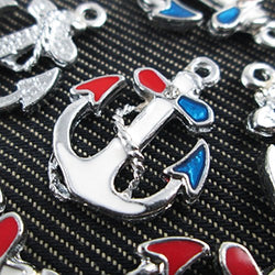 Red Blue White Anchor Charms - 5 charms - Enamel pendant, Jewelry handmade material supplies