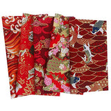 JANOU 5pcs Red DIY Craft Cotton Fabric Koi Fish Print Handmade Textiles Bundle Squares Quilting Lint for Sewing Bags Bedding Patchwork 25x20cm