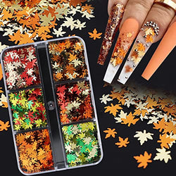6 Grids Fall Nail Art Stickers 3D Maple Leaf Nail Glitter Sequins Holographic Fall Glitter Flakes Gold Yellow Red Orange Leaves Designs Autumn Nail Decals Charms Thanksgiving Nail Accessories