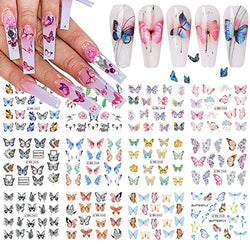 Butterfly Nail Art Stickers 3D Butterfly Decals Water Transfer Nail Decals Supplies Colorful Butterflies Wings Flowers Letter Nail Design Stickers for Women Girls DIY Nail Decoration Manicure 12 Sheets