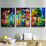 Amoy Art- 3 Panels Modern Abstract Landscape Artwork Night Rainy Street Canvas Painting Print Wall Art for Home Decorations Wall Décor with Stretched Frame Ready to Hang(12x24inx3pcs)