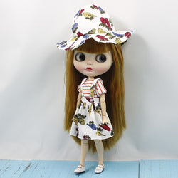 Baoblaze Bird Printed Suspender Skirt Shirt Hat Suit Clothes for 12inch Blythe Pullip Doll Outfit