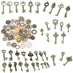 Buytra 120 Gram Antique Bronze Vintage Skeleton Keys Steampunk Gears Cogs Charms Pendant Clock