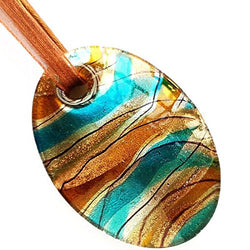 Brown Aqua Silver Oval Lampwork Glass Murano Bead Pendant Ribbon Cord Necklace