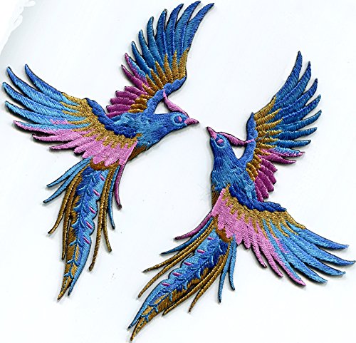 Phoenix phenix birds azure blue pink gold embroidered appliques iron-on patches pair S-1338